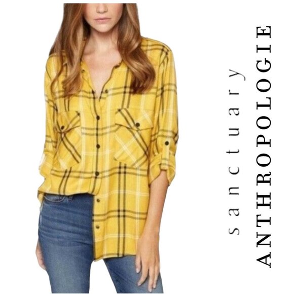 Anthropologie Sanctuary yellow plaid shirt L